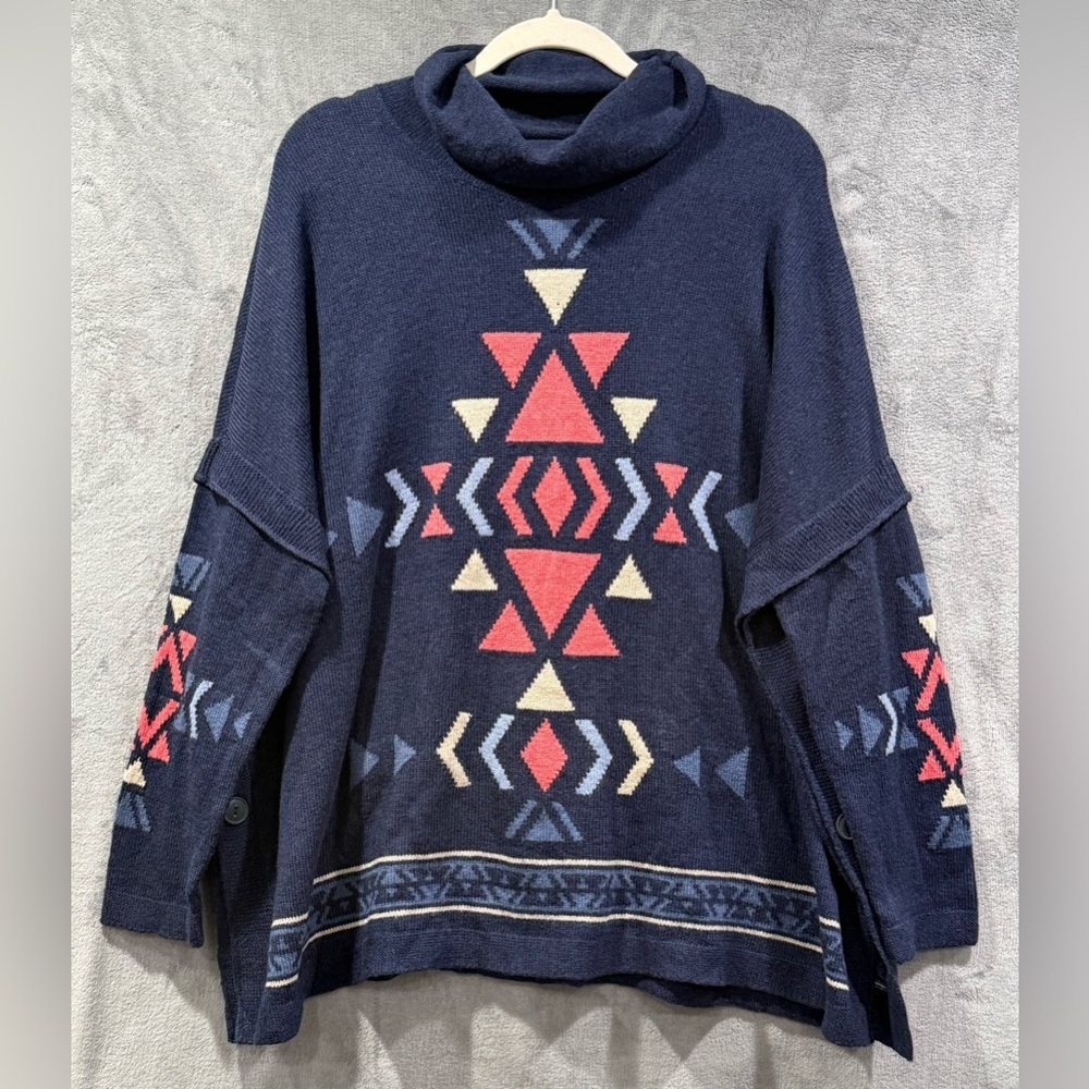 J Jill Poncho Aztec Southwestern Design Mock Neck Women’s Size M Western Rodeo
